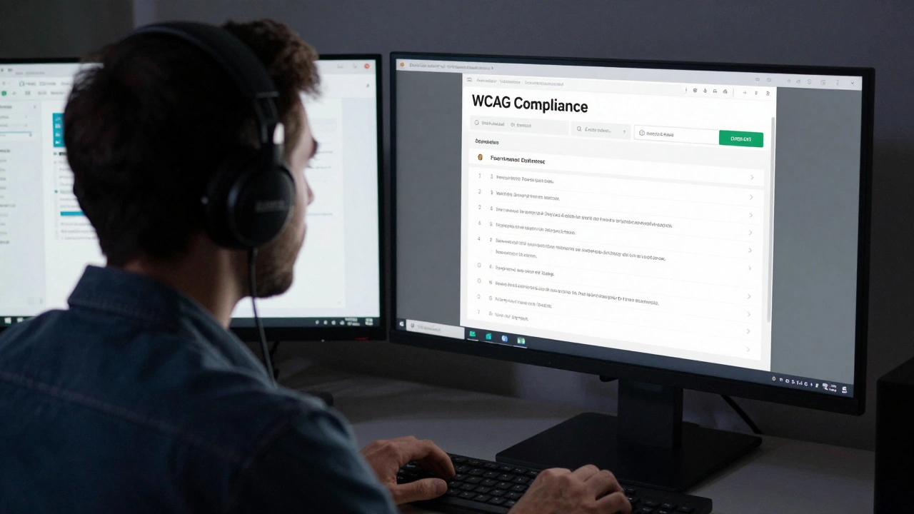 Тестировщик проверяет доступность сайта с помощью скринридера и инструментов анализа контраста в тихой комнате.