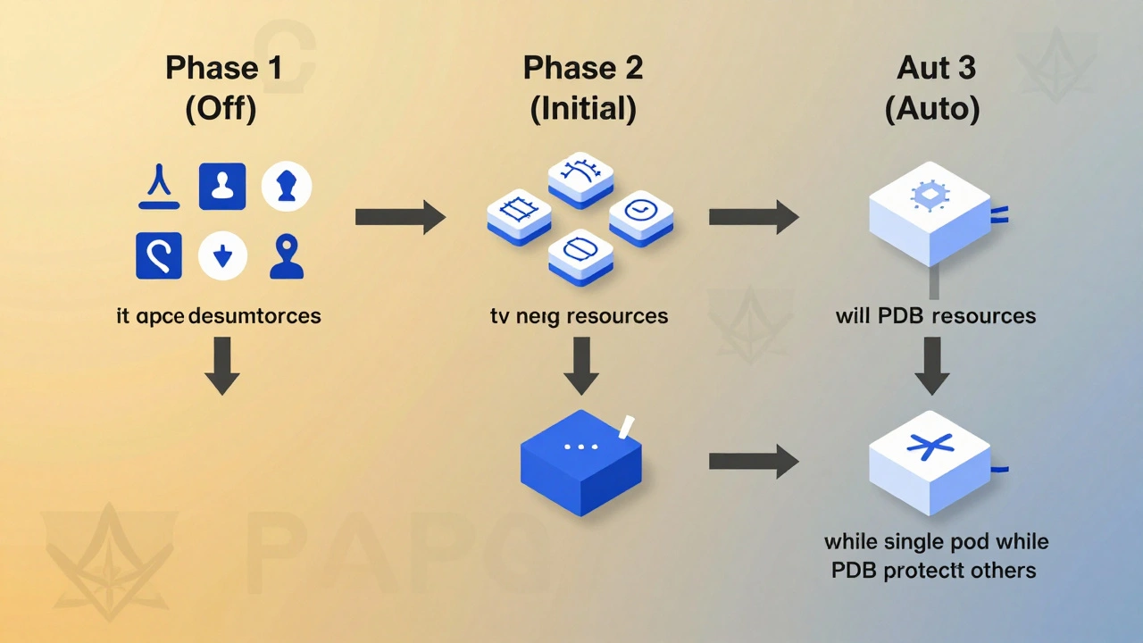 Три этапа безопасного внедрения VPA: Off, Initial и Auto, с акцентом на защиту сервиса через PDB.