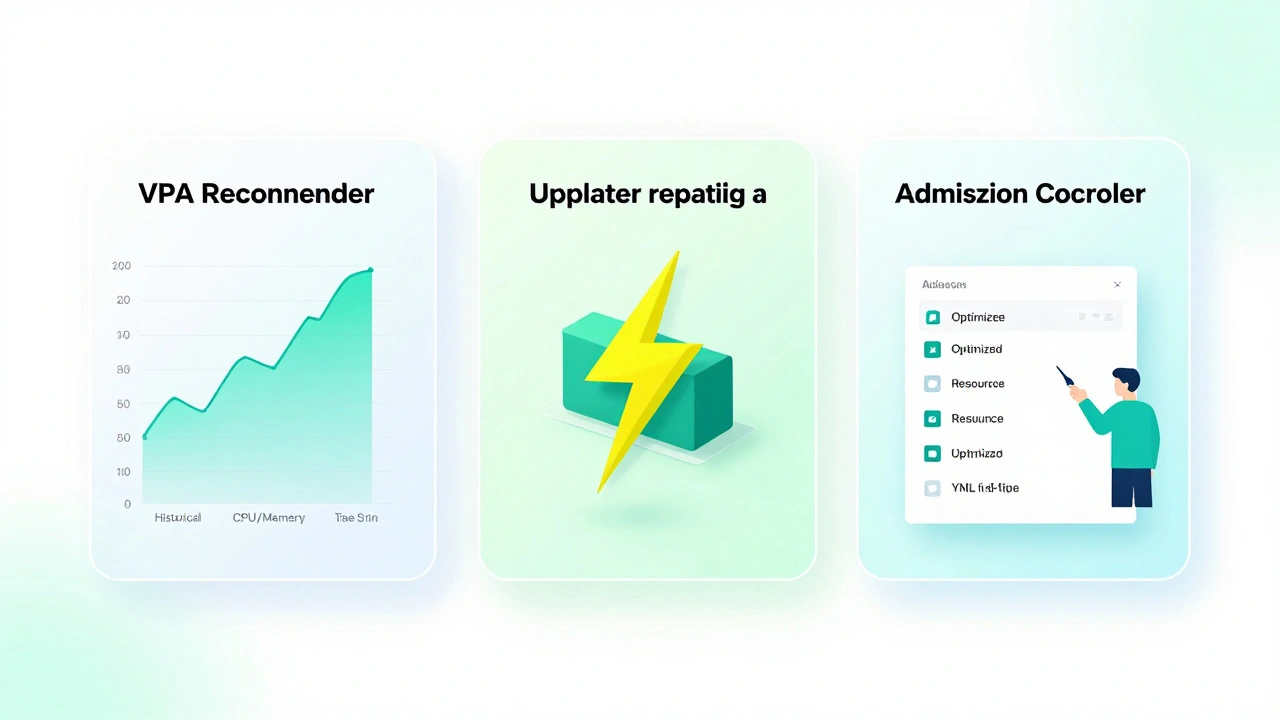 Три компонента VPA: Recommender, Updater и Admission Controller, визуализированные как интерактивные панели с данными и перезапуском пода.