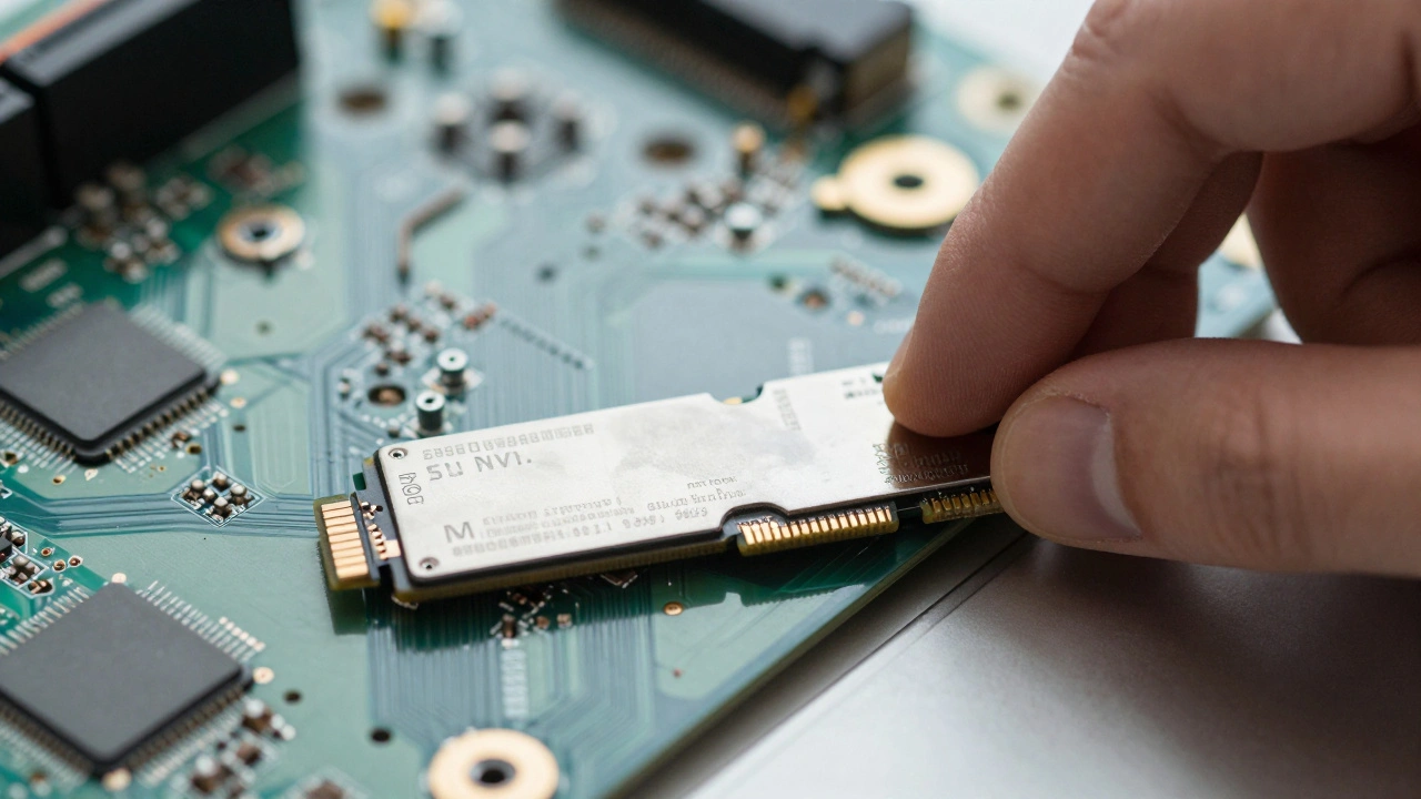 Установка нового SSD накопителя в слот материнской платы крупным планом