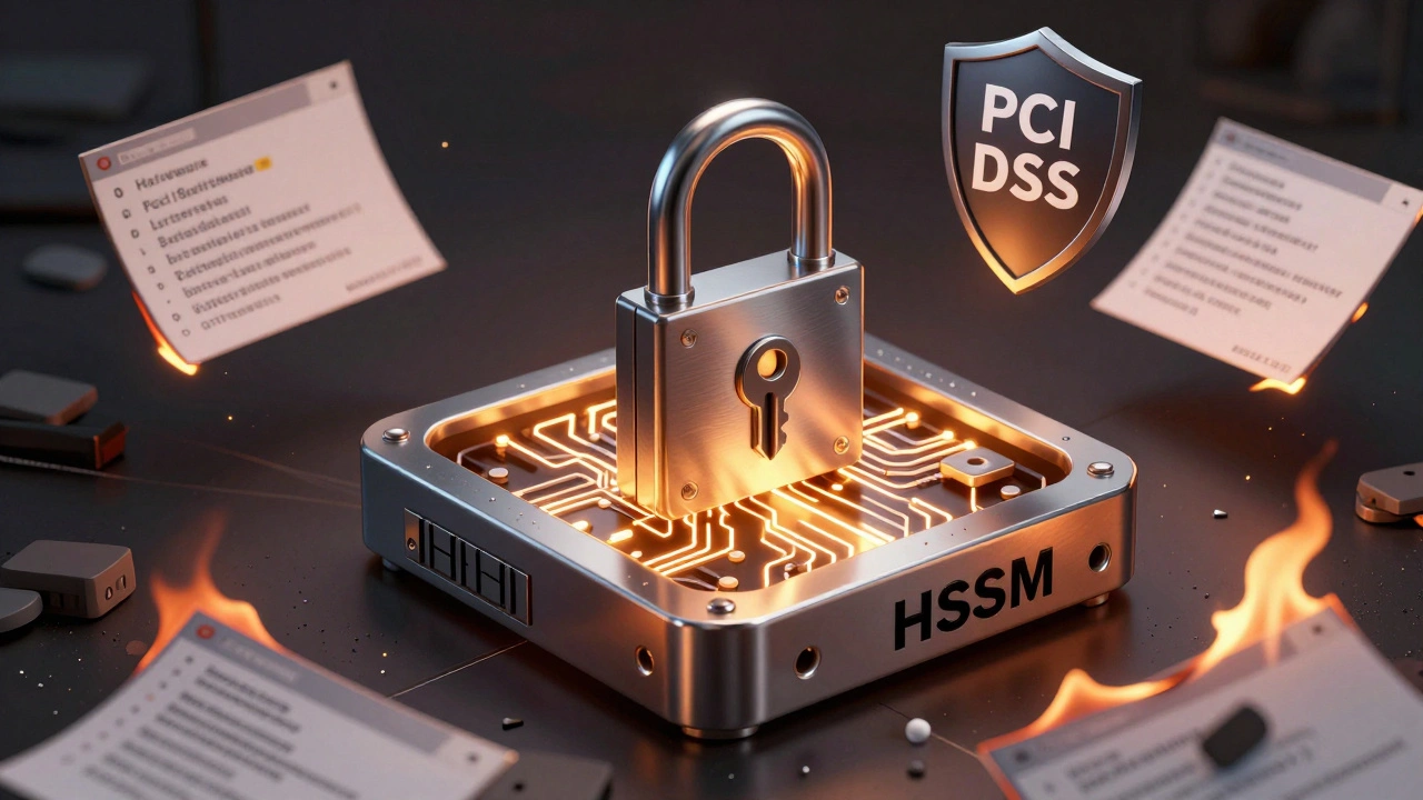 Устройство HSM с внутренними цепями и ключом, который невозможно извлечь, вокруг — сгорающие конфигурационные файлы.