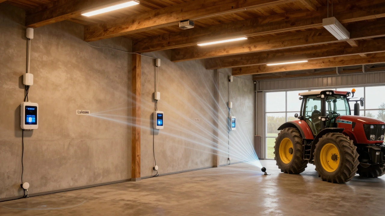 Внутри фермы с датчиками и лучами триангуляции AoA, указывающими на местоположение трактора.