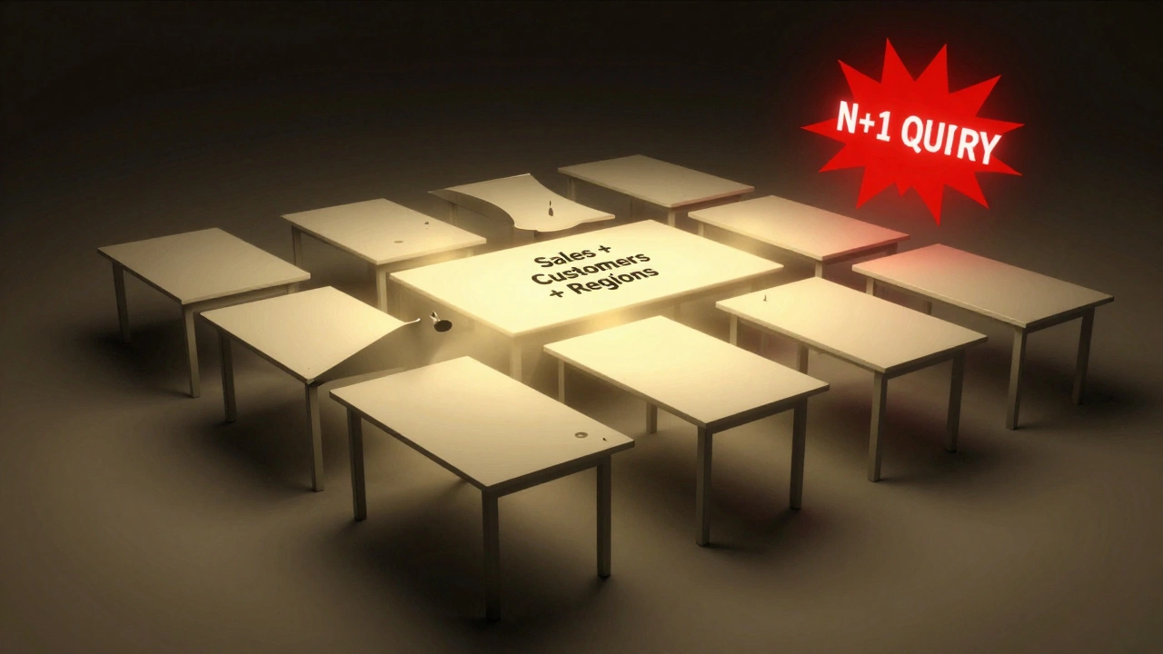 Восемь таблиц объединяются в одну денормализованную, N+1 запросы исчезают.