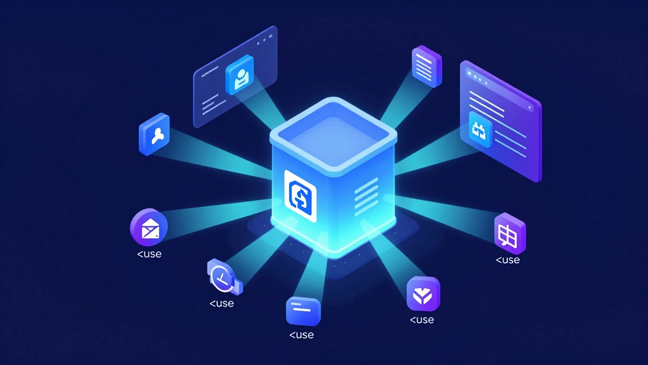 3D-иллюстрация принципа работы SVG-спрайта как единого хранилища иконок