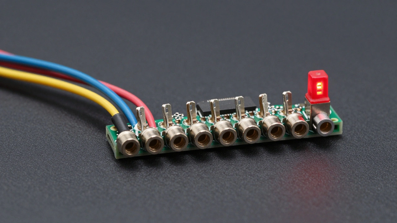 Детальное изображение электронной схемы с рядами контактов