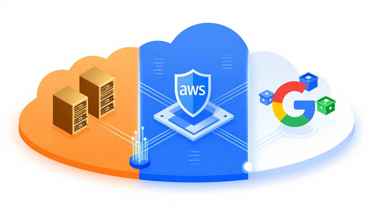 Иллюстрация экосистем AWS, Azure и GCP с символами контейнеров и серверной инфраструктуры.