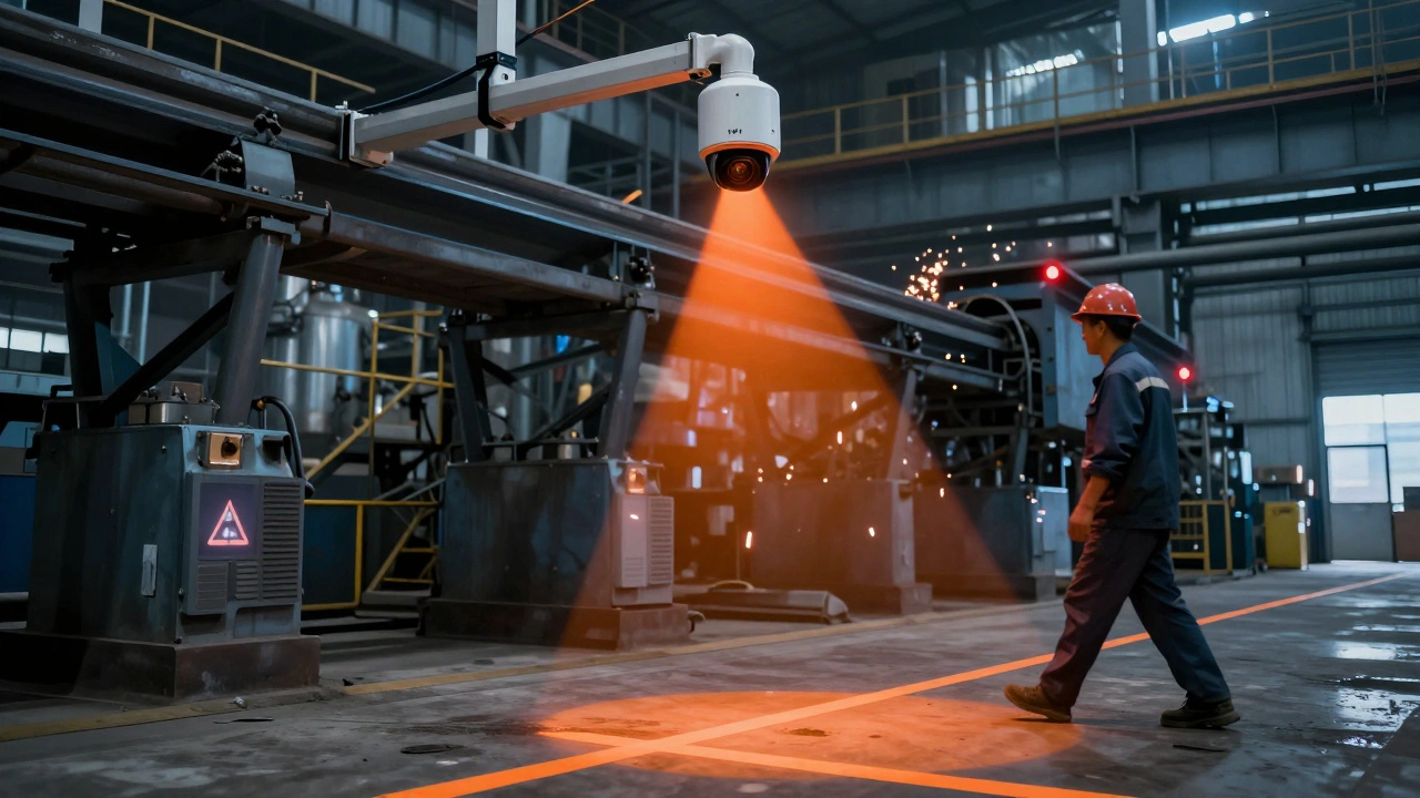 Интеллектуальная камера в цехе, фиксирующая нарушение зоны безопасности на конвейере