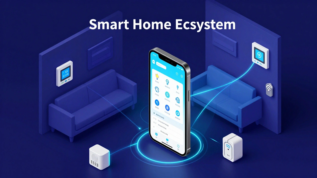 Изометрическая иллюстрация экосистемы умного дома с управлением через телефон