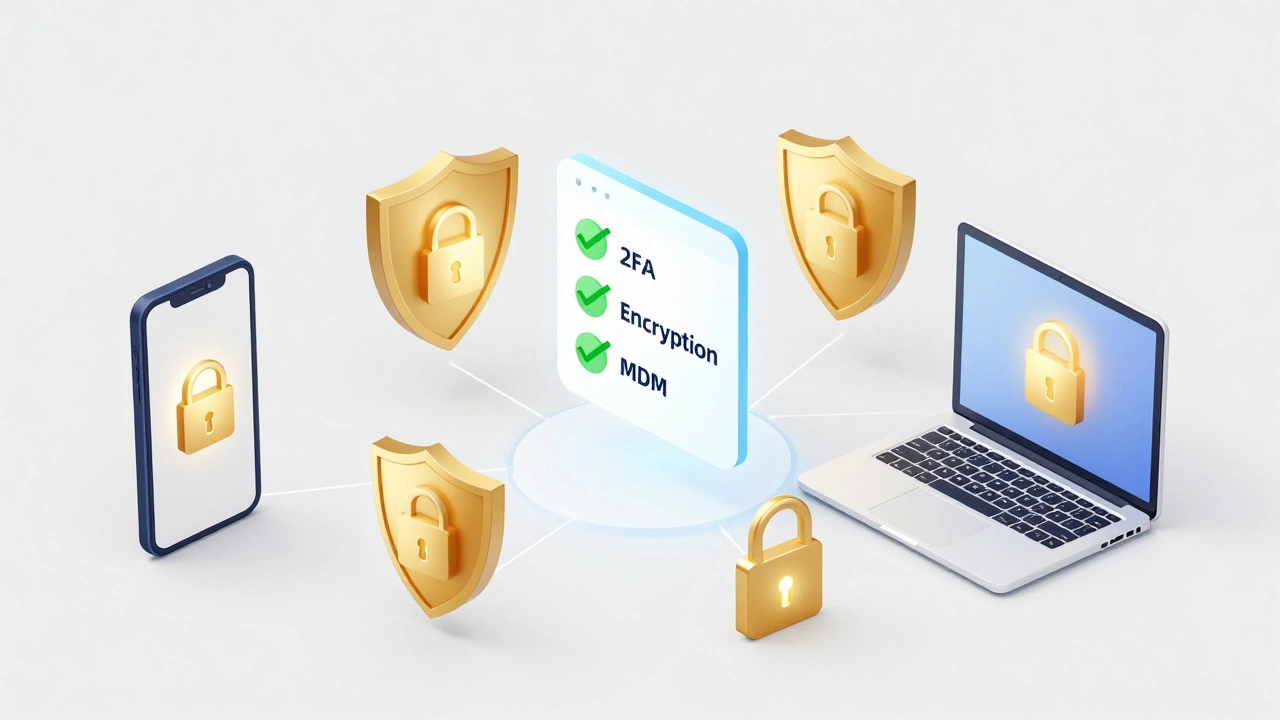 Изометрическая иллюстрация устройств с иконками щитов и замков, символизирующая безопасность BYOD