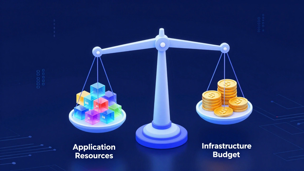 Изометрическая иллюстрация весов, балансирующих между ресурсами сервера и бюджетом
