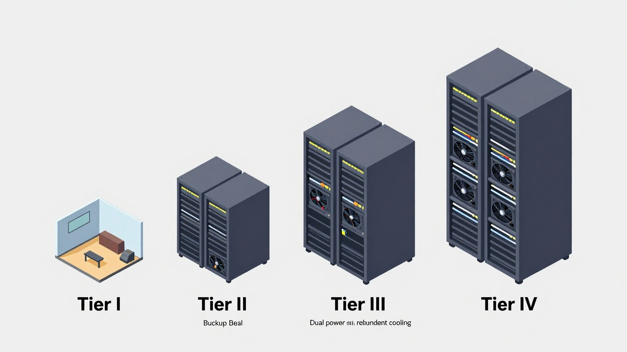 Изометрическая схема эволюции уровней надежности ЦОД от Tier I до Tier IV