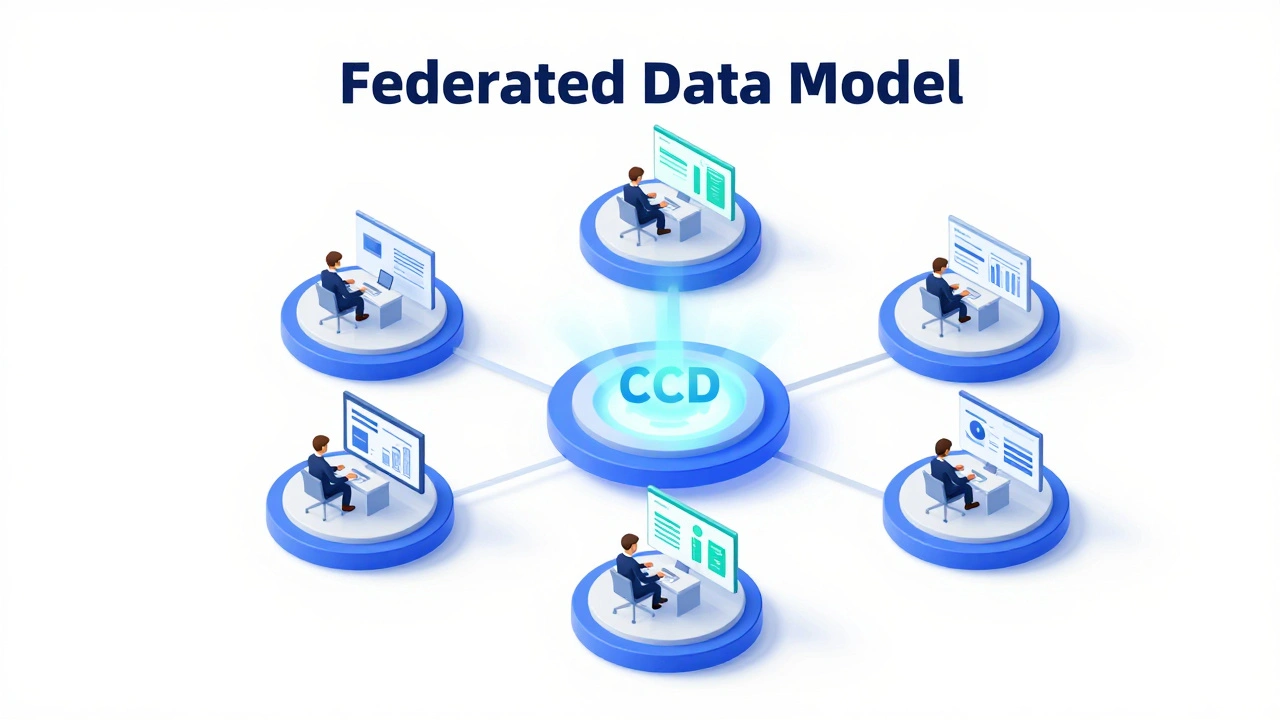 Изометрическая схема федеративной модели управления данными с центральным узлом и отделами