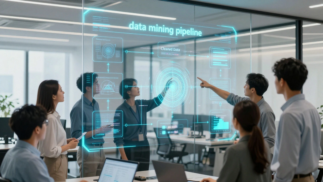 Команда аналитиков изучает процесс обработки данных на футуристическом экране