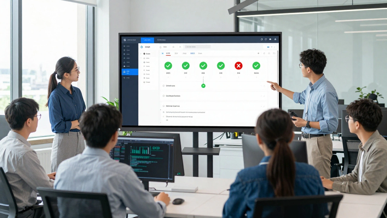 Команда QA перед монитором с результатами автоматизированных тестов в офисе