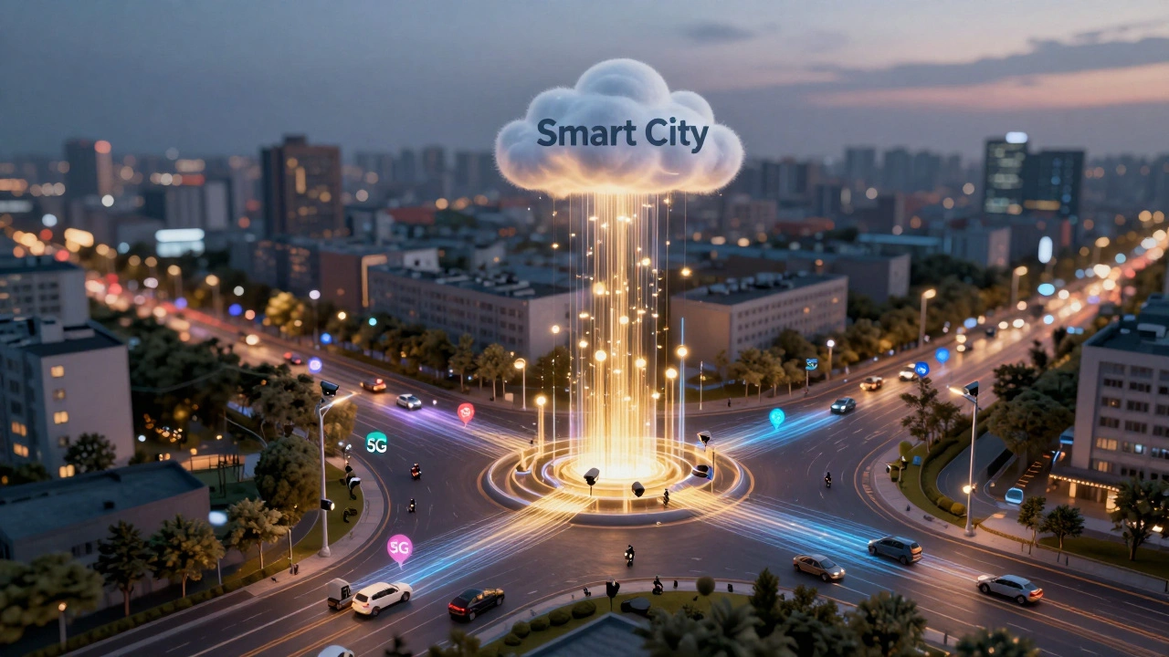 Концепция умного города с потоками данных от IoT-камер в облачную сеть