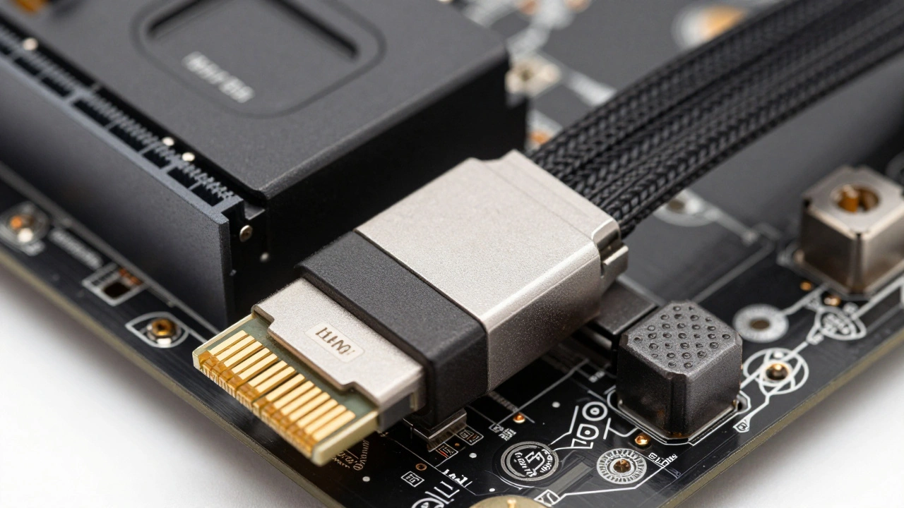 Крупный план подключения гибкого PCIe райзера к материнской плате