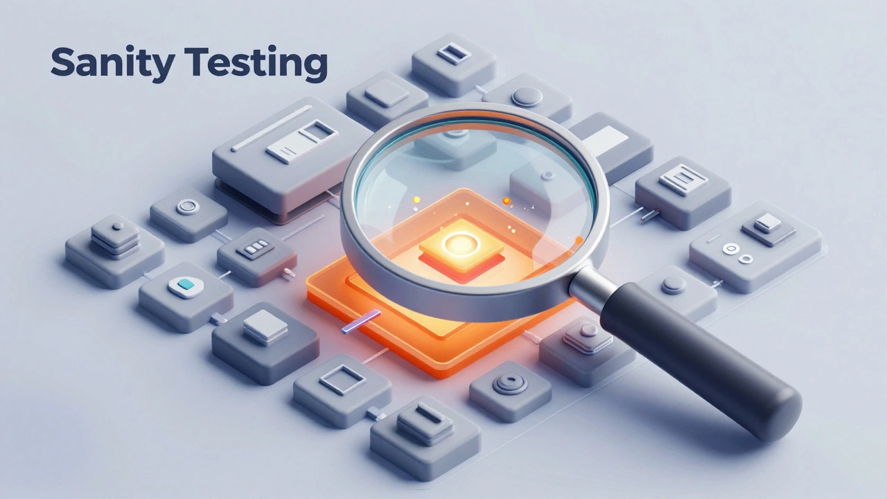 Лупа, изучающая конкретный модуль цифровой системы, иллюстрирующая санити-тест