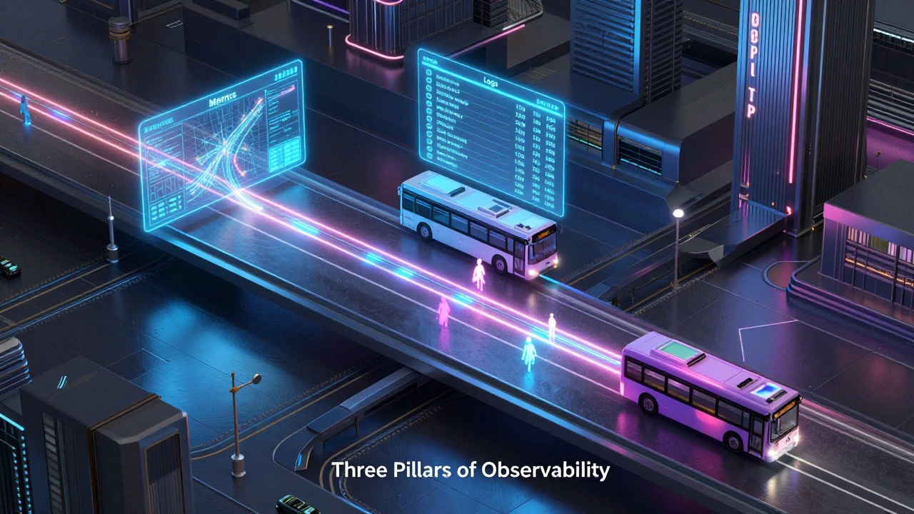 Метафора трех столпов наблюдаемости: метрики, логи и трассировка в городе будущего