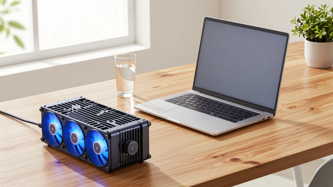 Ноутбук на охлаждающей подставке на деревянном столе для предотвращения перегрева