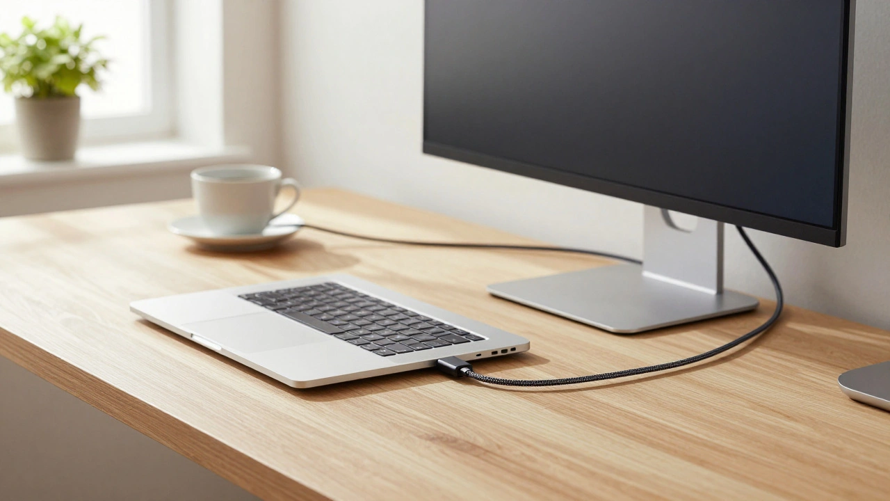 Ноутбук, подключенный к монитору одним кабелем USB-C Thunderbolt