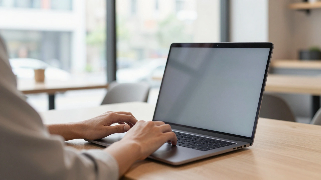 Программист работает за современным ноутбуком с матовым экраном в кафе