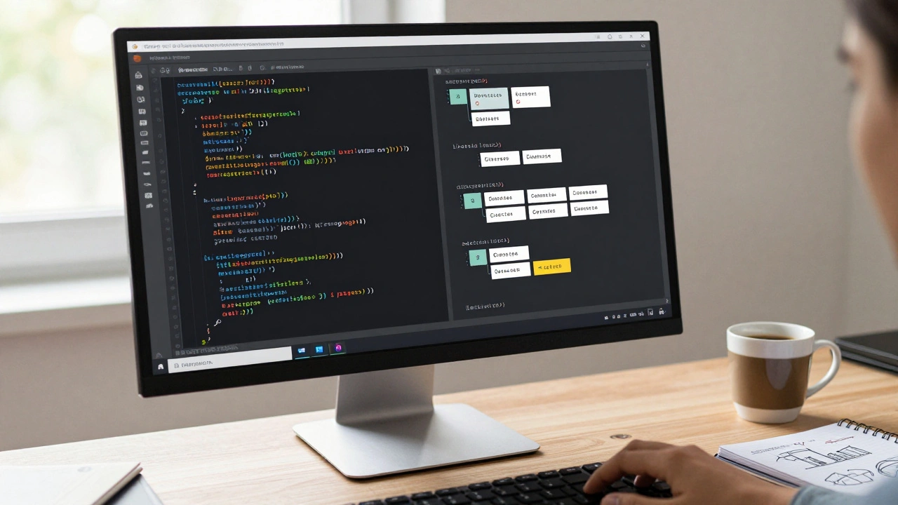 Рабочее место программиста с монитором, демонстрирующим процесс рефакторинга кода