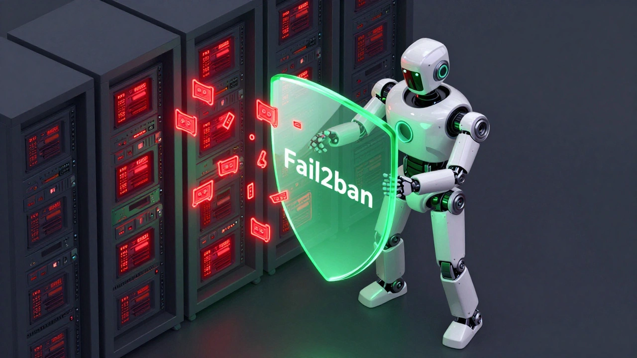 Робот-охранник блокирует красные потоки данных перед сервером