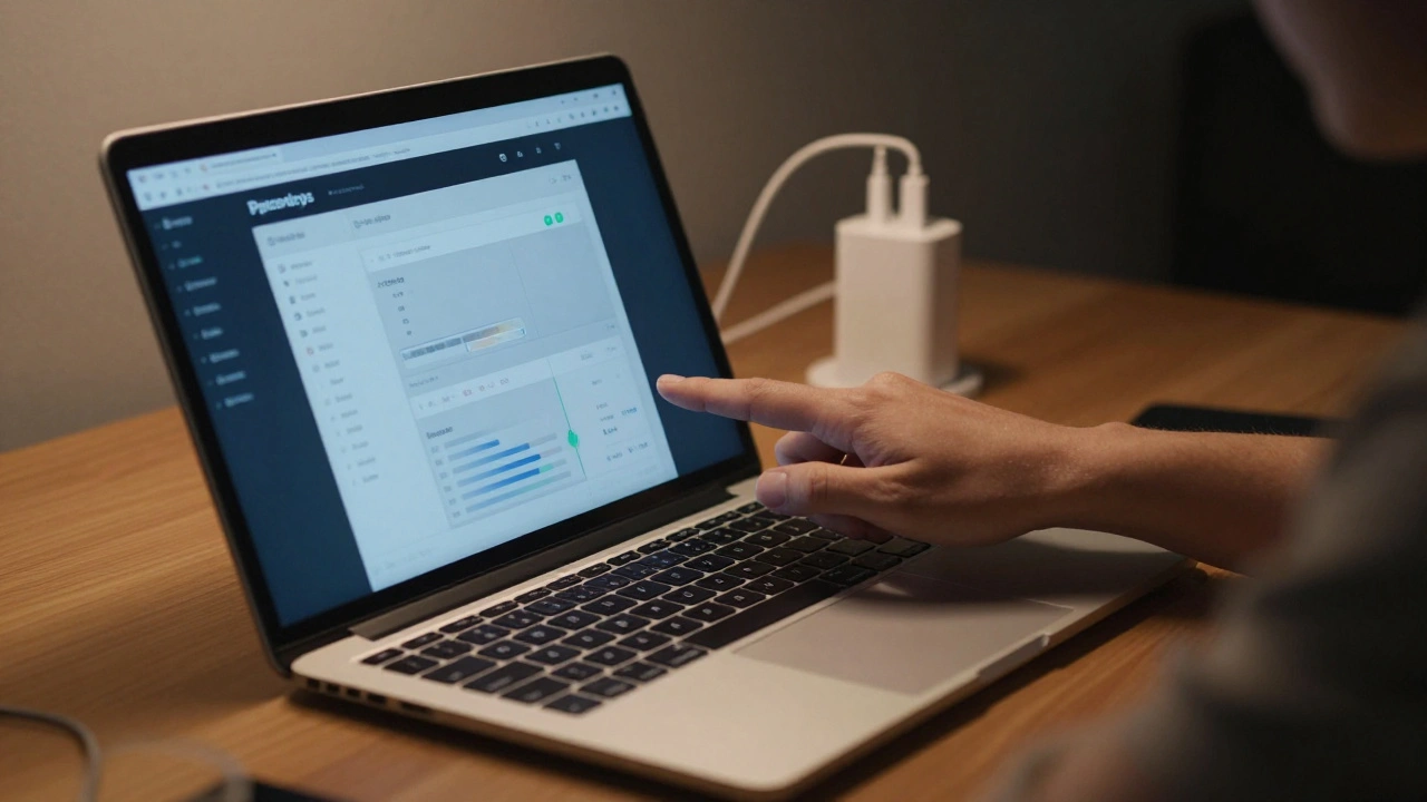 Рука пользователя снижает яркость экрана ноутбука для экономии заряда батареи