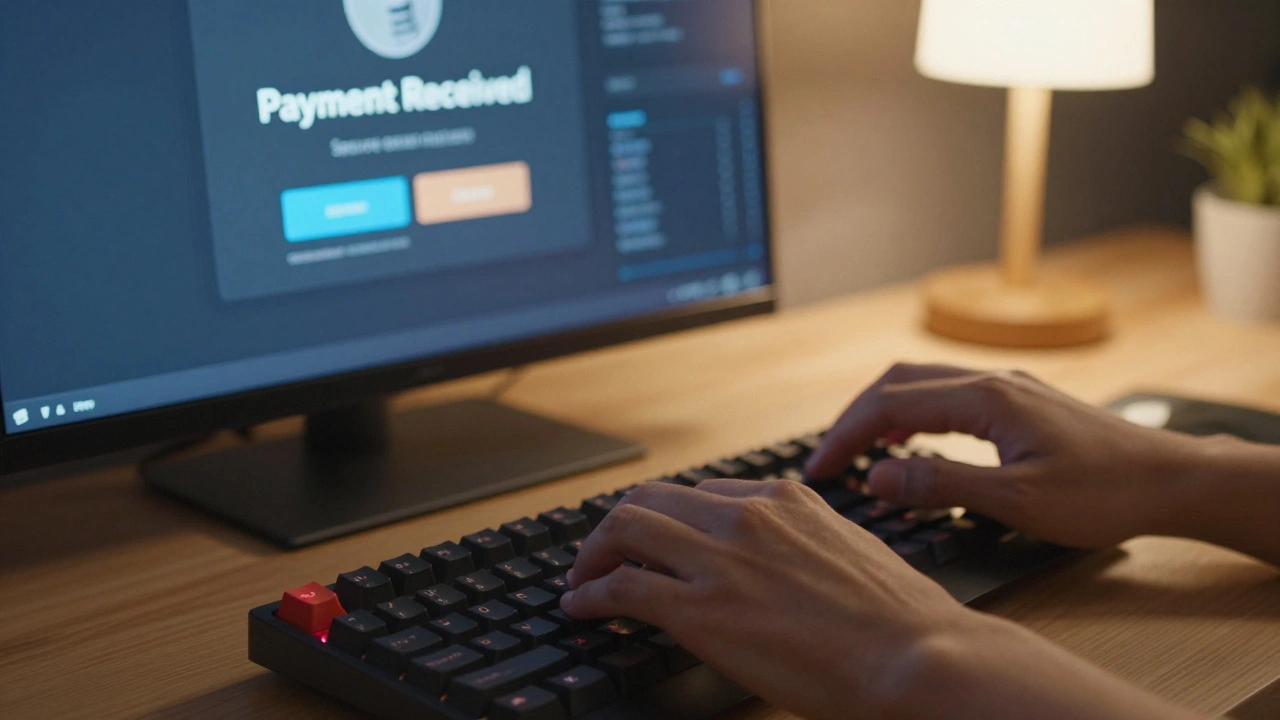 Руки программиста за клавиатурой и уведомление о получении оплаты за проект
