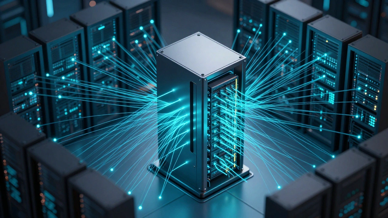 Сервер с тысячами активных асинхронных соединений в футуристическом стиле