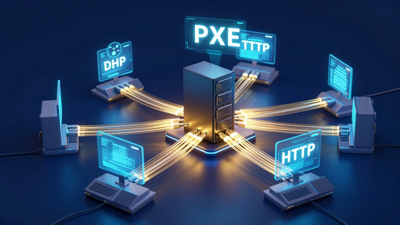 Схематичная иллюстрация передачи данных от сервера к компьютерам через DHCP и TFTP