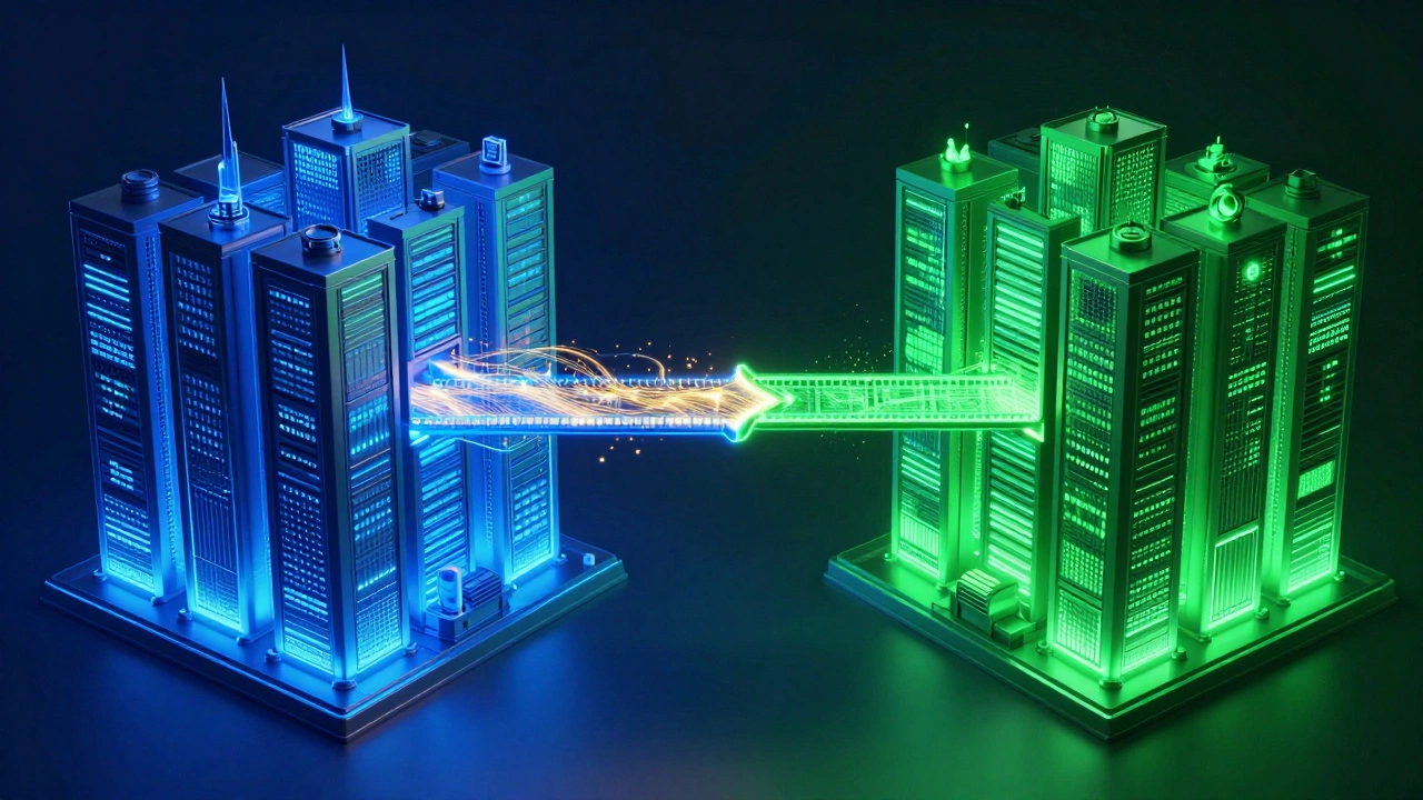 Схематичное изображение Blue-Green деплоя с переключением потоков данных между синей и зеленой средами