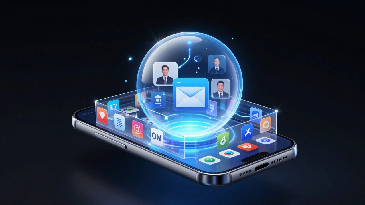 Смартфон с защитным синим пузырем, отделяющим рабочие приложения от личных