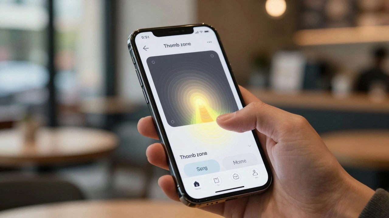 Смартфон в руке с интерфейсом, оптимизированным под зону досягаемости большого пальца.