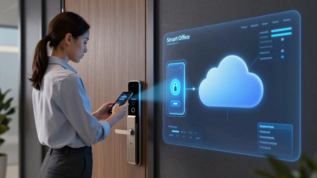 Сотрудник открывает дверь умного офиса с помощью NFC-метки в смартфоне