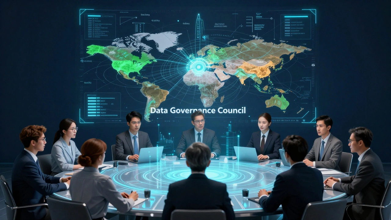 Совет по управлению данными обсуждает стратегию за голографическим столом с картой данных