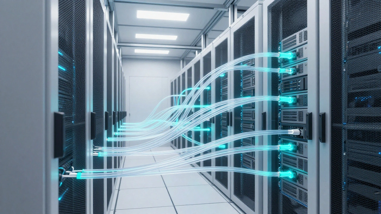 Современный серверный кластер с светящимися оптоволоконными соединениями