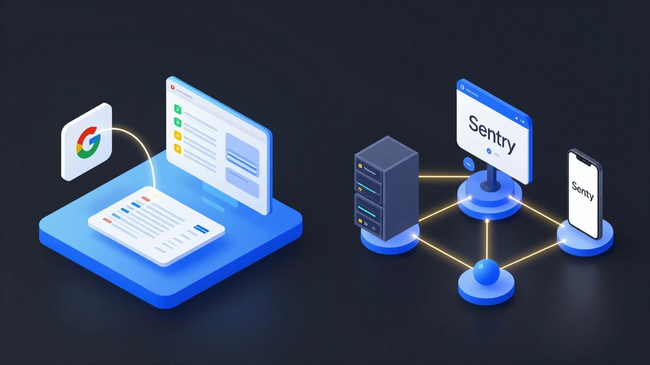 Сравнение экосистем Firebase Crashlytics и Sentry в изометрическом стиле