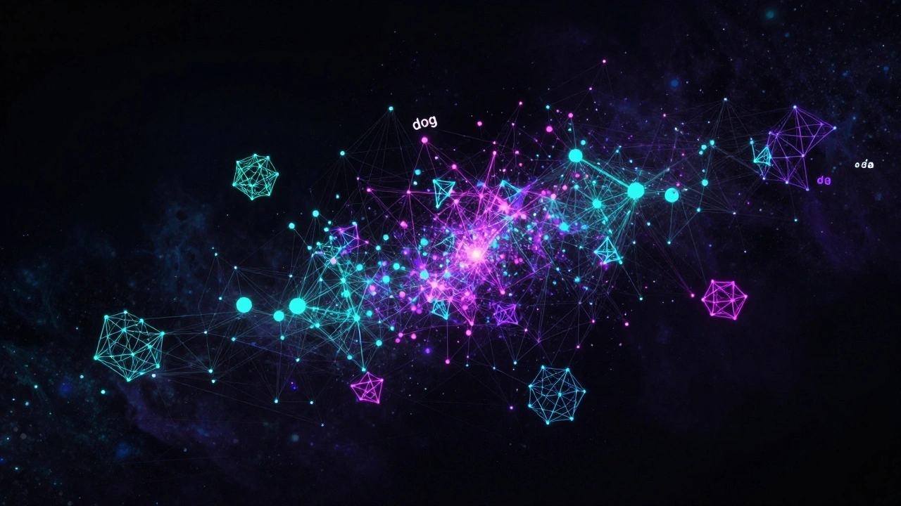 Трехмерное пространство векторов с группами светящихся точек, представляющих близкие смыслы