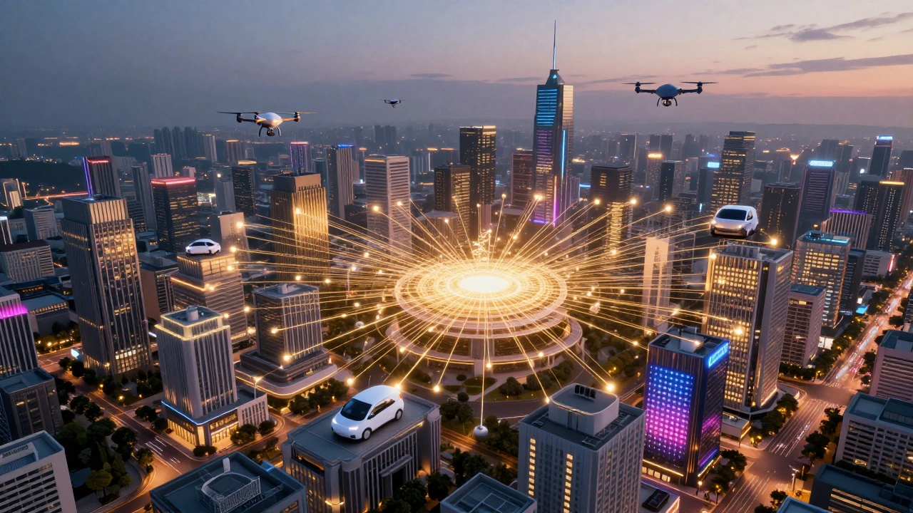 Вид на умный город с сетью золотых связей между объектами интернета вещей