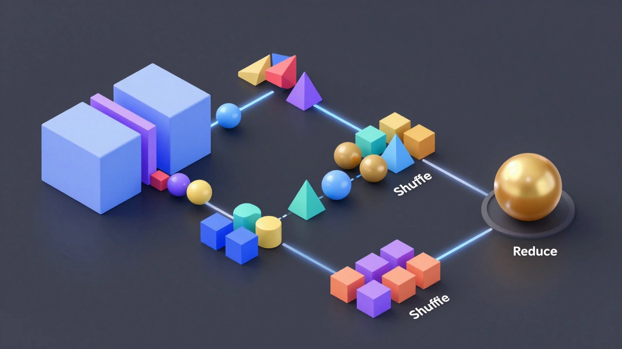 Абстрактная 3D-визуализация этапов MapReduce: разделение, обработка и агрегация данных