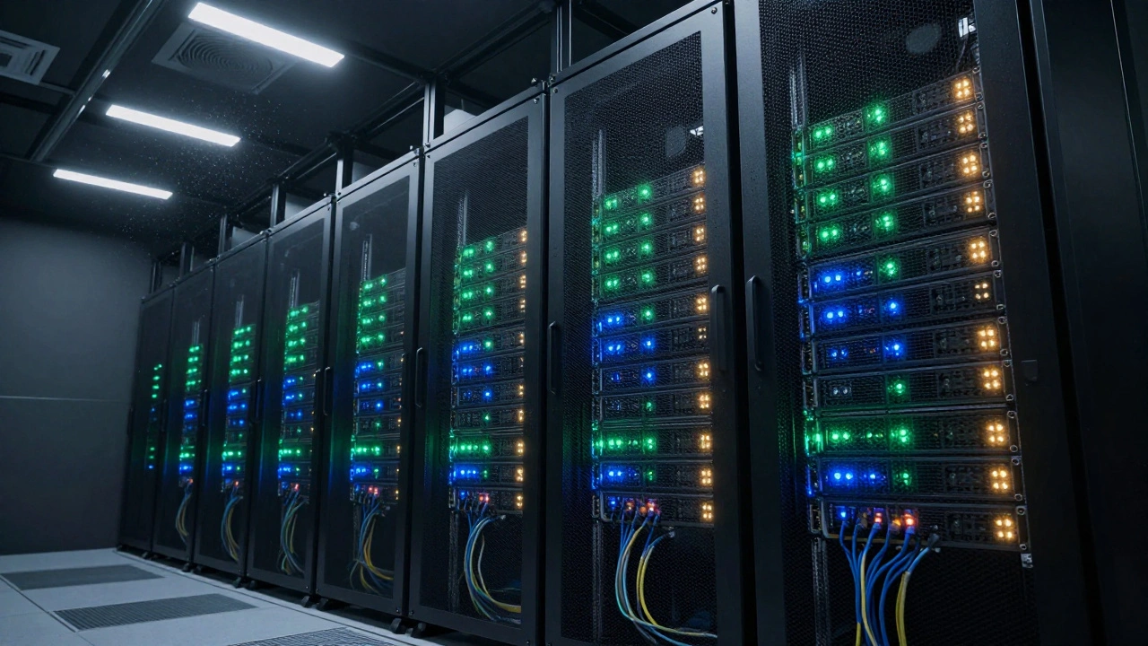 Фотореалистичный вид серверной комнаты с рядами стоек кластера Hadoop и мигающими индикаторами