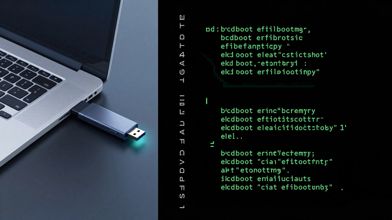 Ноутбук с USB-накопителем восстановления и абстрактным кодом на экране