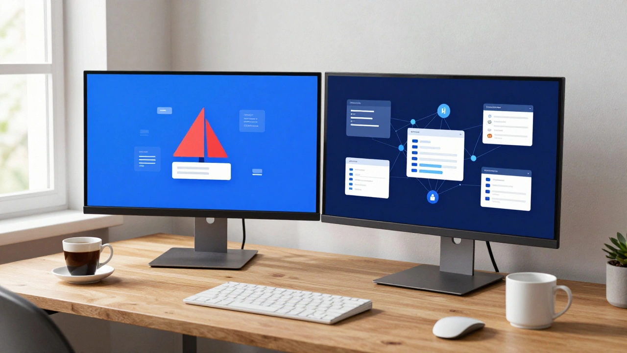 Рабочее место разработчика с символами интеграции Laravel и искусственного интеллекта