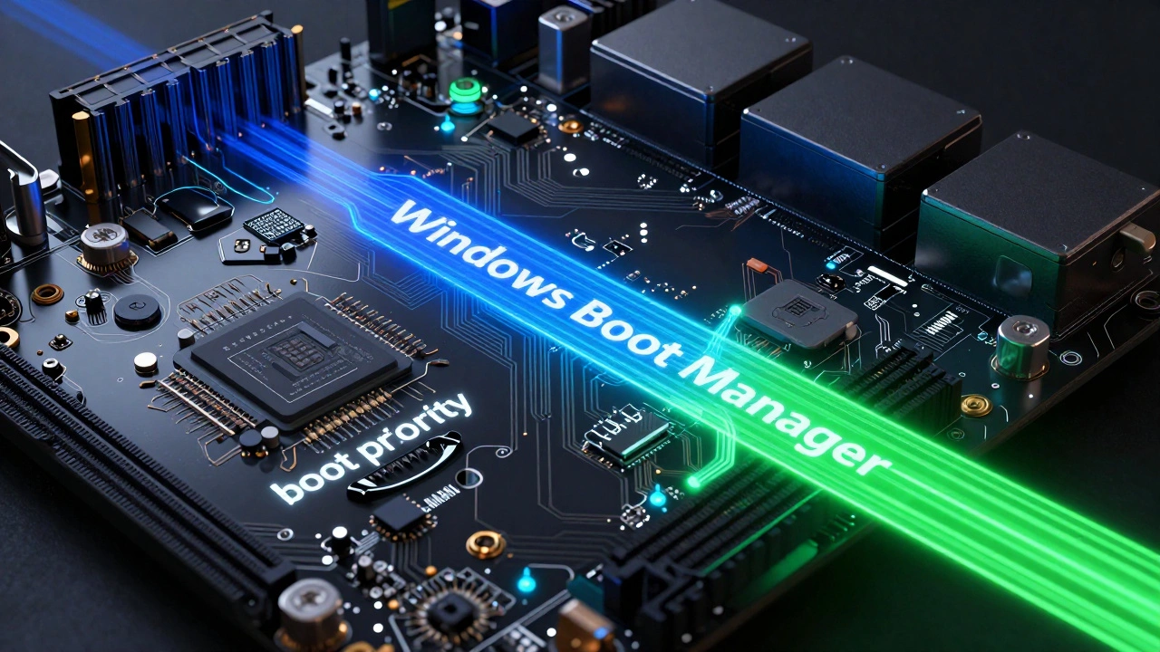 Схематичное изображение чипа UEFI и приоритета загрузки Windows над Linux