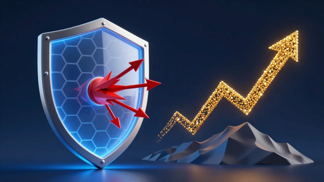 3D иллюстрация щита стабильности и золотого роста для SLA и KPI