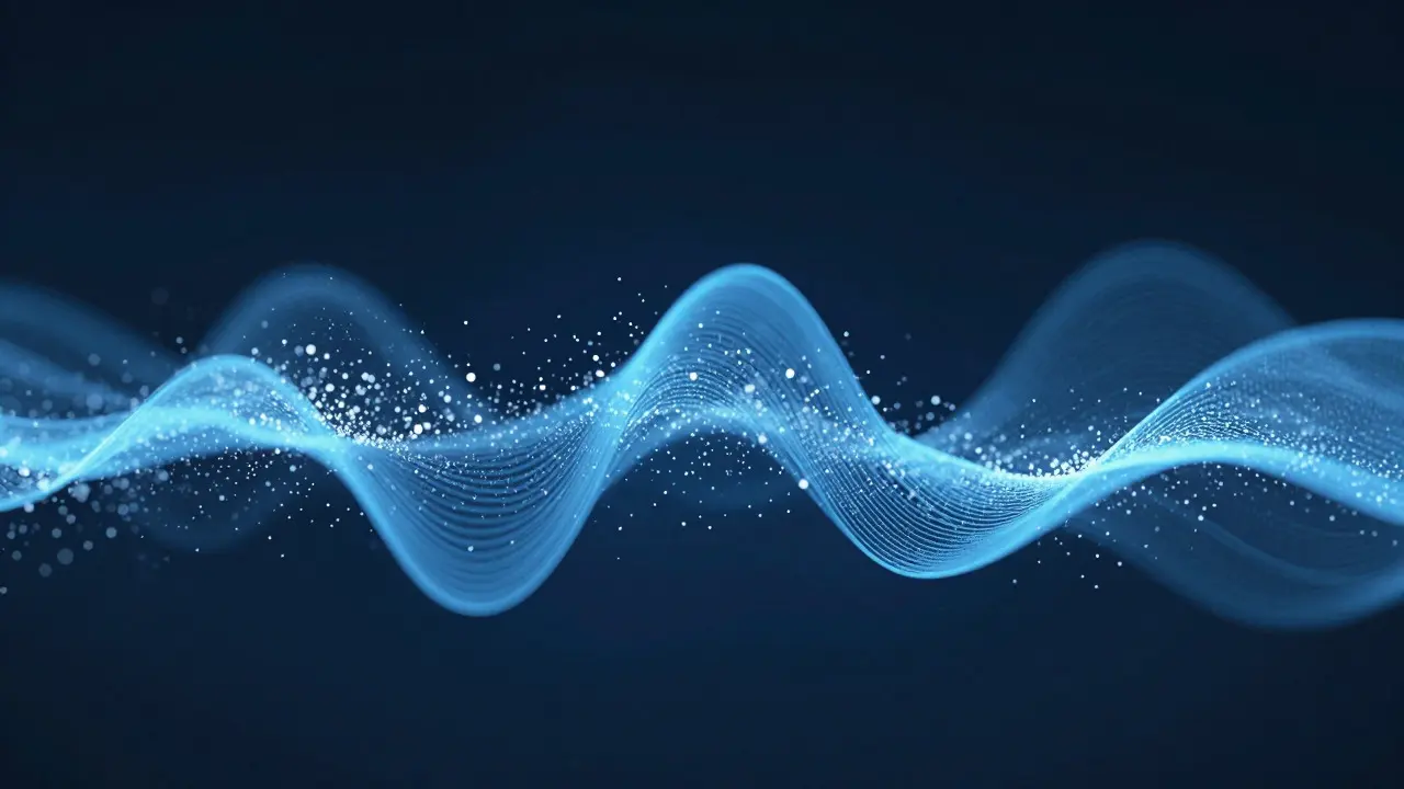 Abstract blue wave with scattered white particles representing statistical noise in data