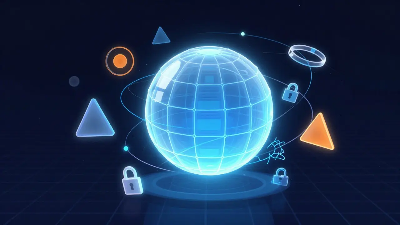 Abstract digital art showing glowing database metrics and connection nodes
