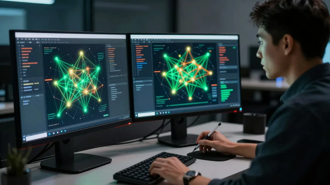 Analyst optimizing a complex digital process map on dual monitors