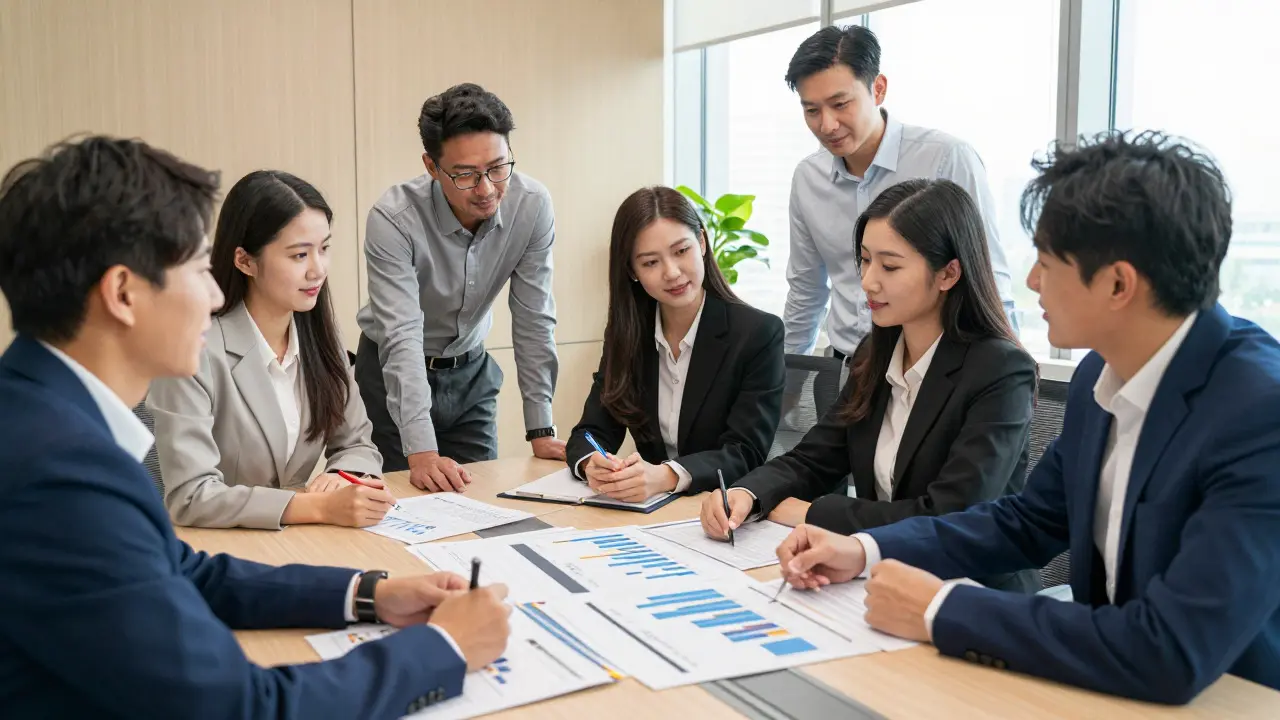 Business team analyzing cost-saving charts in a bright conference room